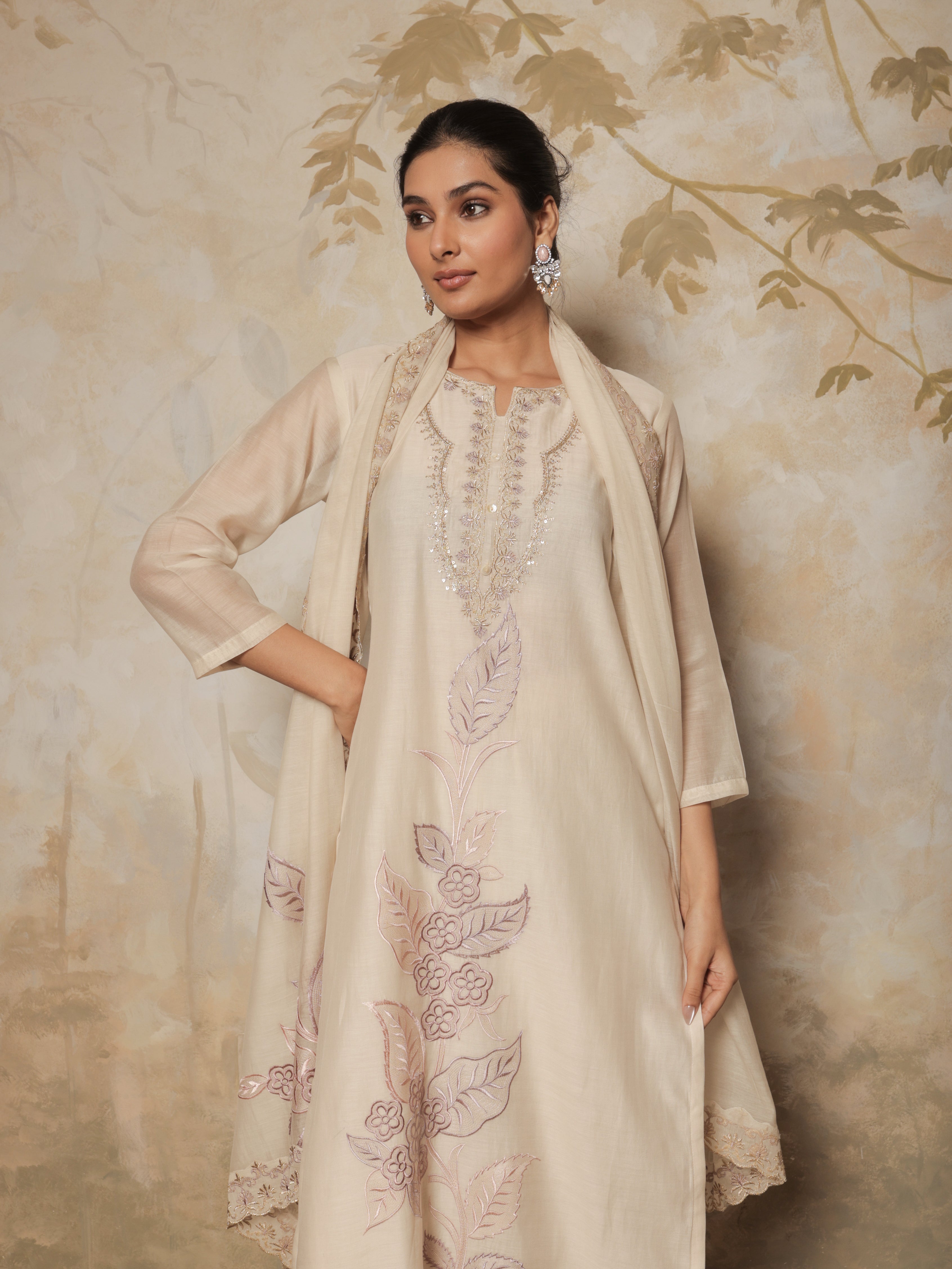 Zivah Pure Mul Chanderi Embroidered Kurta Set with Dupatta - Soft Beige