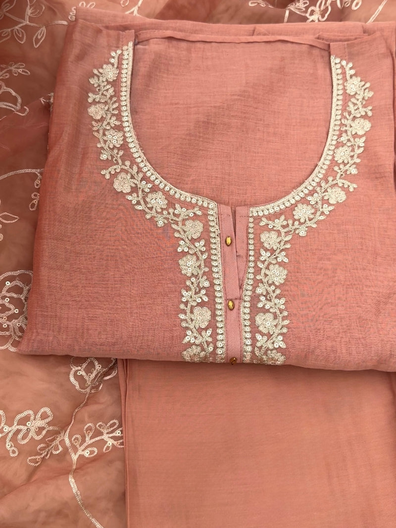 Aarna Pure Mul Chanderi Embroidered Kurta Set with Pure Organza Dupatta