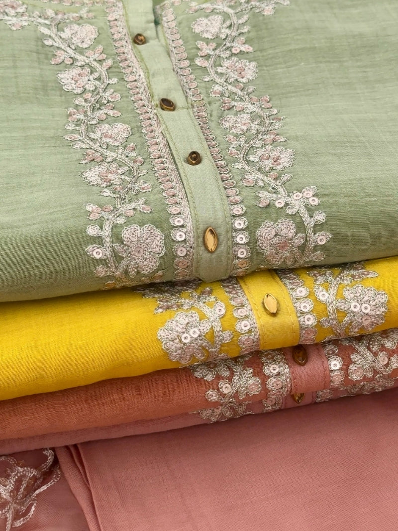Aarna Pure Mul Chanderi Embroidered Kurta Set with Pure Organza Dupatta