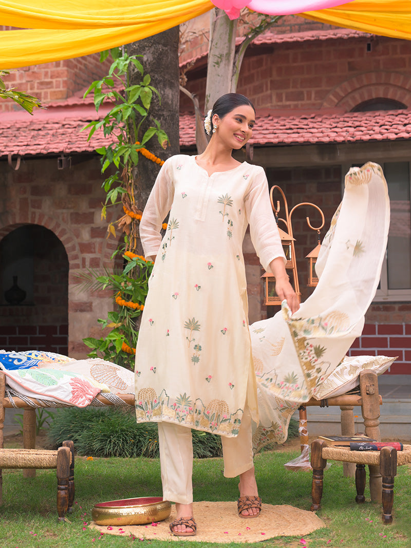 Anaya Pure Mul Chanderi Embroidered Kurta Set with Dupatta - Ivory White