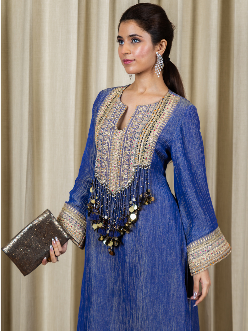 Nayra Royal Tissue Handwork Kurta Set – Sapphire Blue