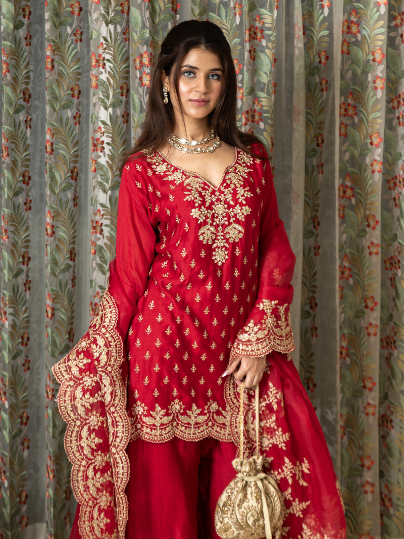 Aarini Mul Chanderi Dori Embroidered Sharara Set – Red