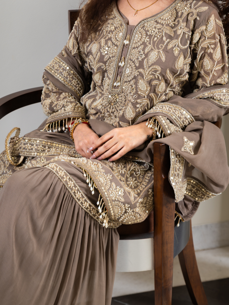 Saher Pure Georgette Handworked Garara Set – Taupe Beige