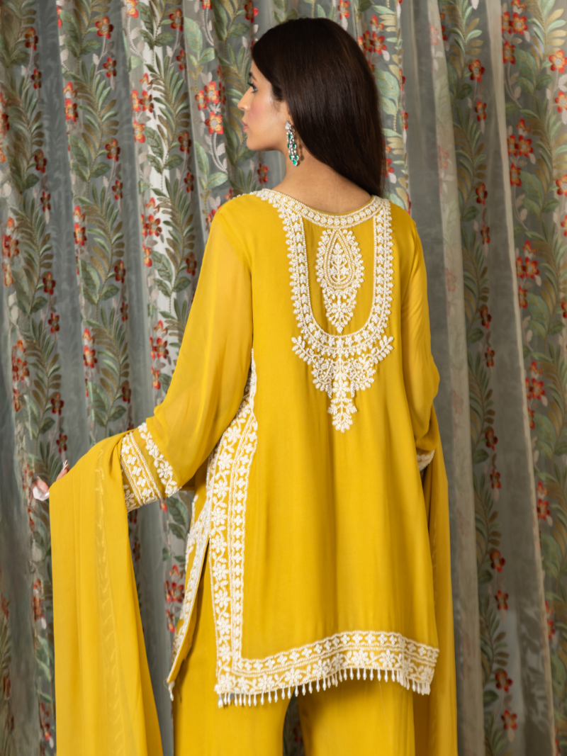 Nayira Georgette Embroidered Kurta Set – Sunset Mustard