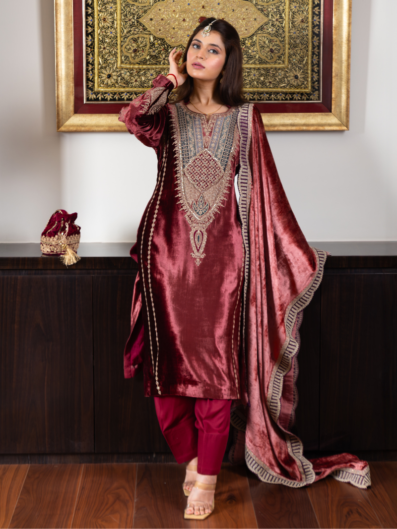 Fiza Velvet Embroidered Suit Set– Wine Red