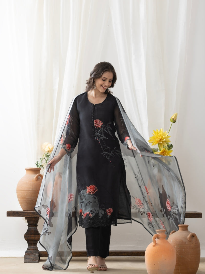 Aira Pure Organza Kurta Set with Pure Organza Dupatta - Midnight Black