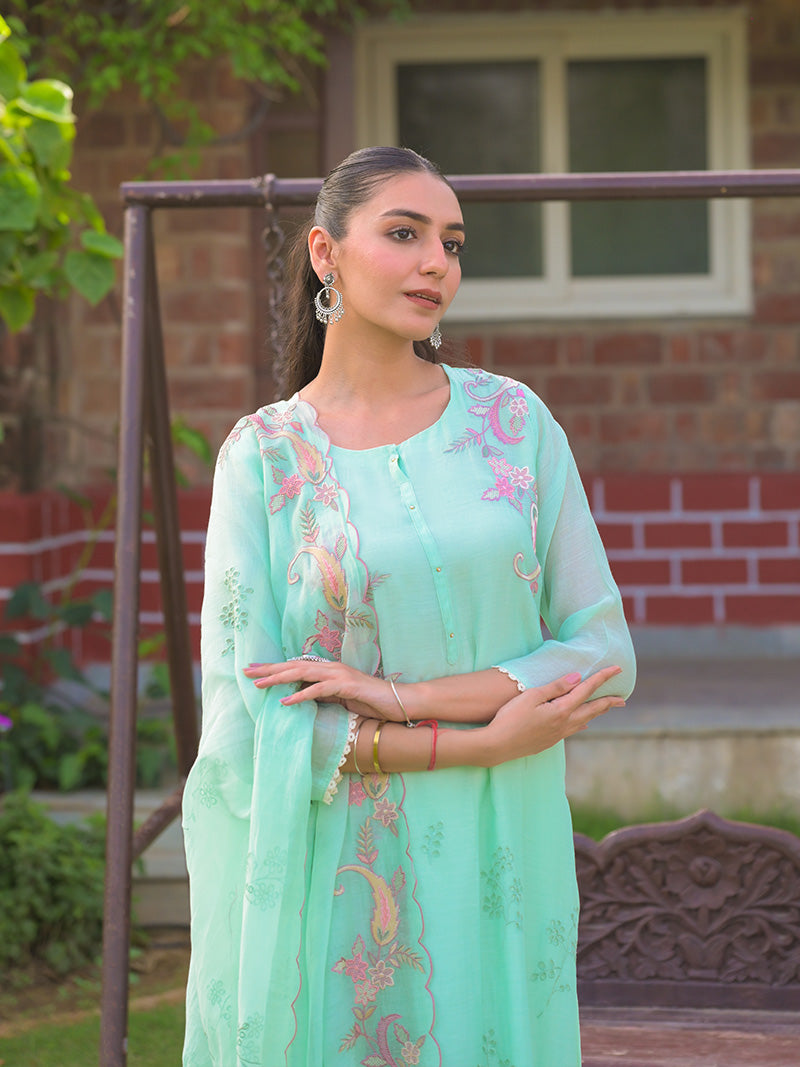 Aarvi Pure Mul Chanderi Embroidered Kurta Set with Dupatta - Aqua Blue