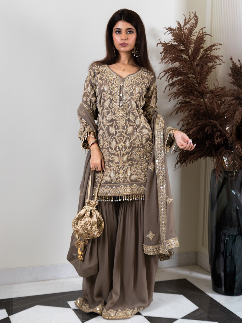Saher Pure Georgette Handworked Garara Set – Taupe Beige