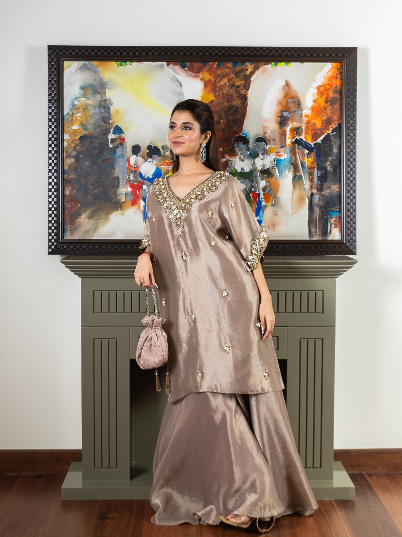 Inaaya Kanchipuram Silk Kaftan Sharara Set – Taupe Beige
