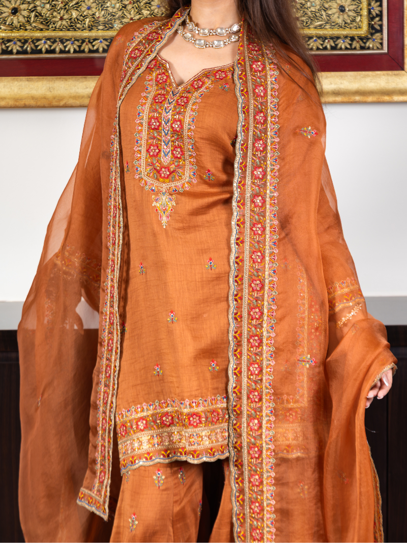 Inara Mul Chanderi Threadwork Garara Set – Terracotta
