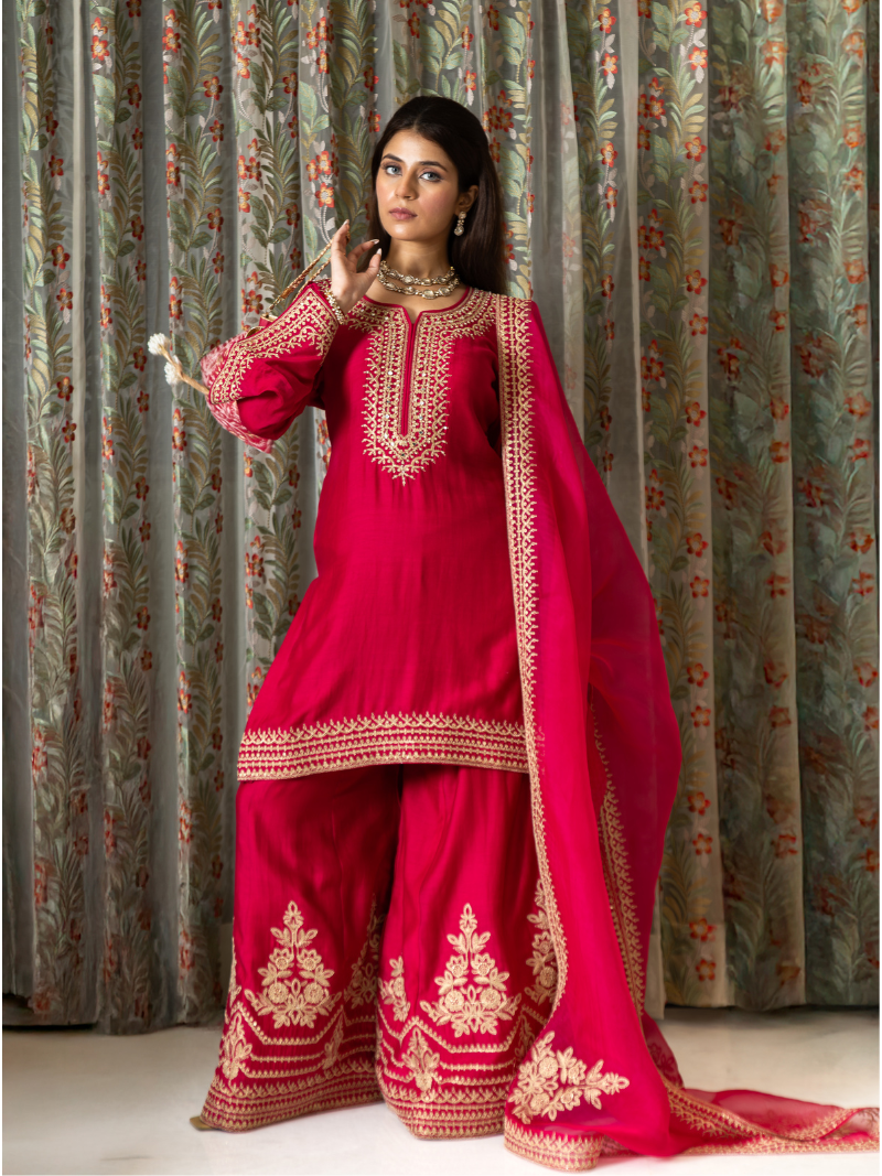 Adhira Mul Chanderi Dori Embroidered Sharara Set – Crimson Red