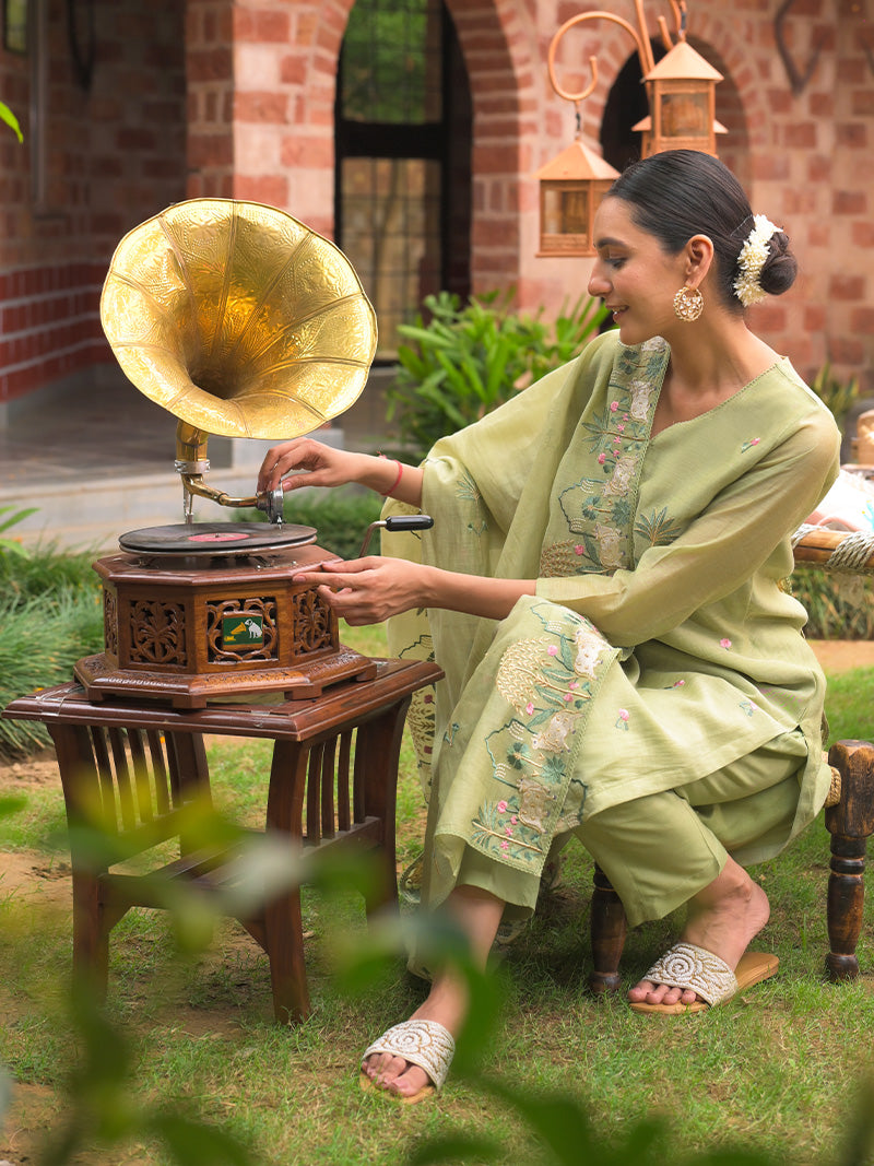 Anaya Pure Mul Chanderi Embroidered Kurta Set with Dupatta - Sage Green