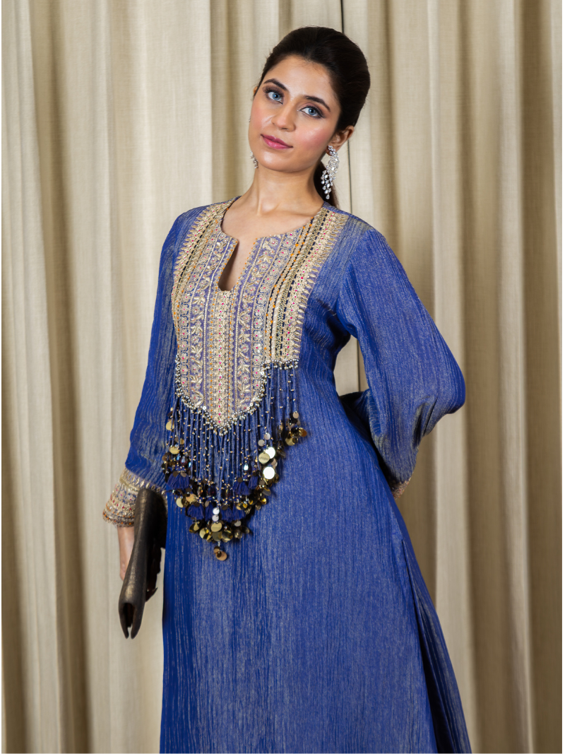Nayra Royal Tissue Handwork Kurta Set – Sapphire Blue