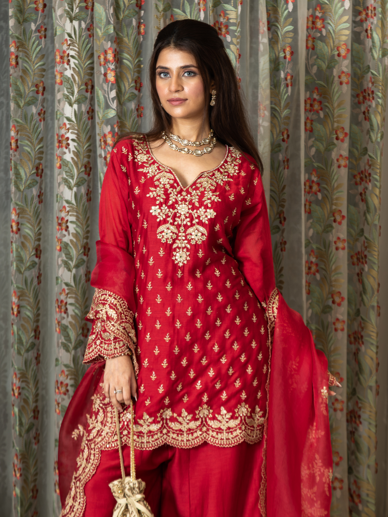 Aarini Mul Chanderi Dori Embroidered Sharara Set – Red
