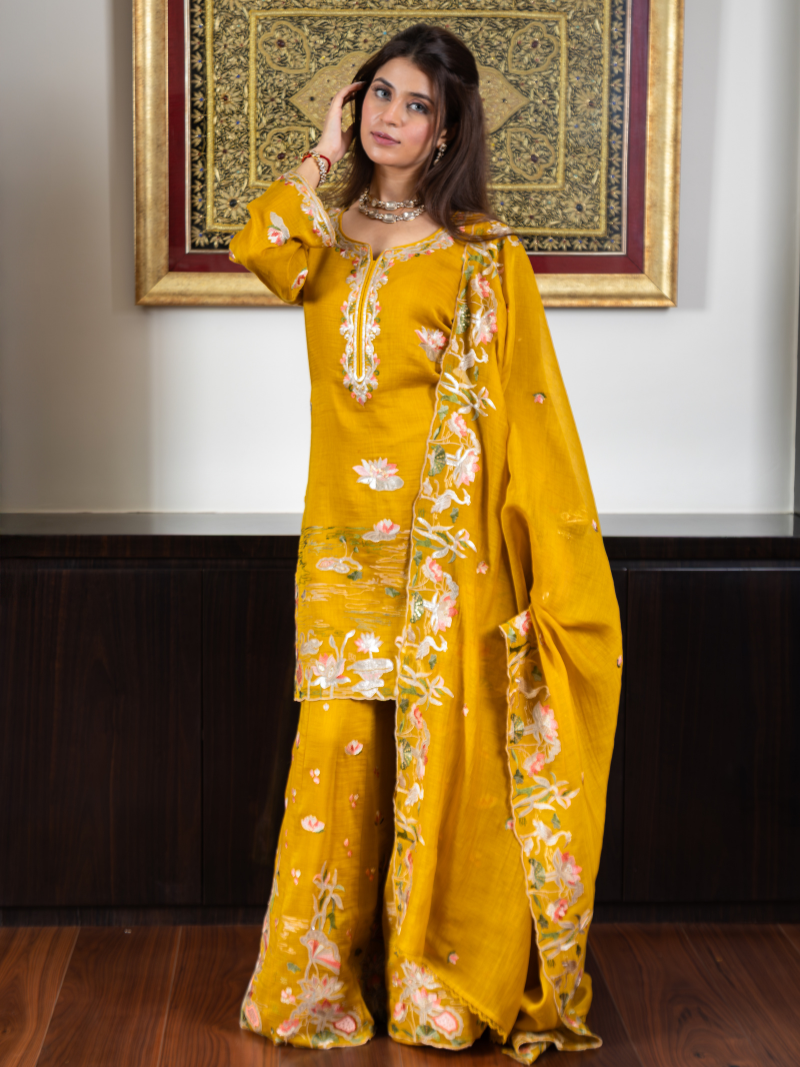 Noor Pure Mul Chanderi Embroidered Sharara Set – Sunflower Yellow