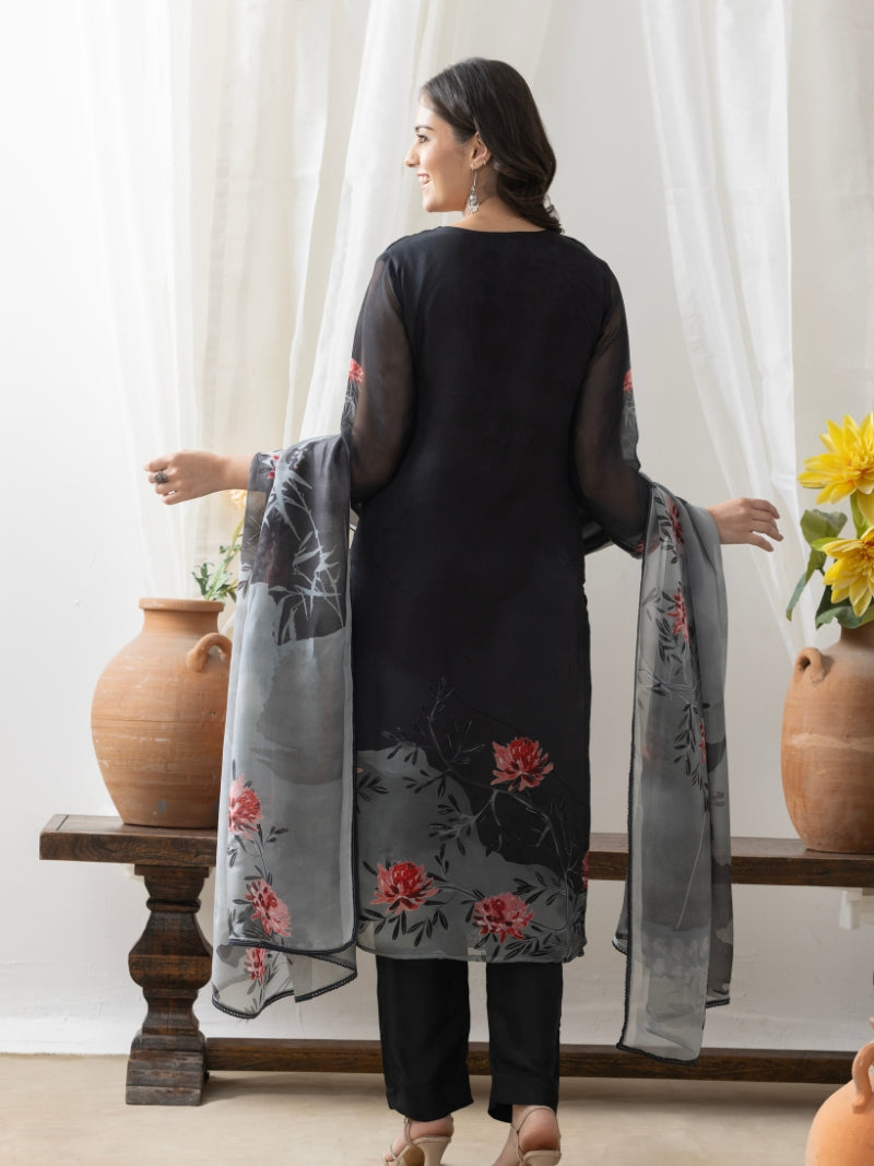 Aira Pure Organza Kurta Set with Pure Organza Dupatta - Midnight Black