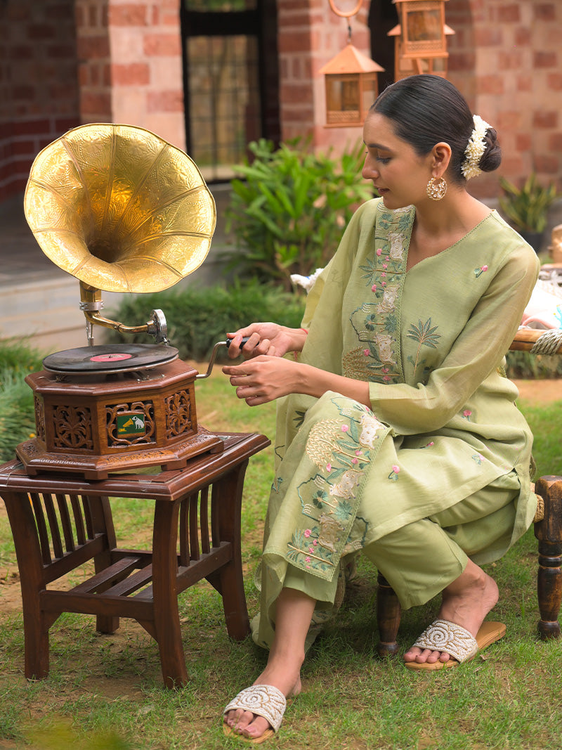 Anaya Pure Mul Chanderi Embroidered Kurta Set with Dupatta - Sage Green