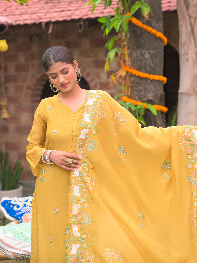 Anaya Pure Mul Chanderi Embroidered Kurta Set with Dupatta - Sunflower Yellow