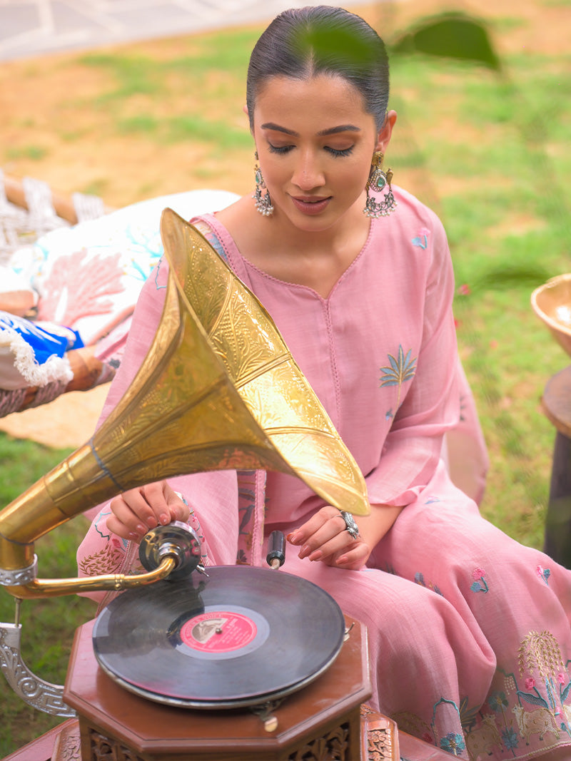 Anaya Pure Mul Chanderi Embroidered Kurta Set with Dupatta - Rose Pink