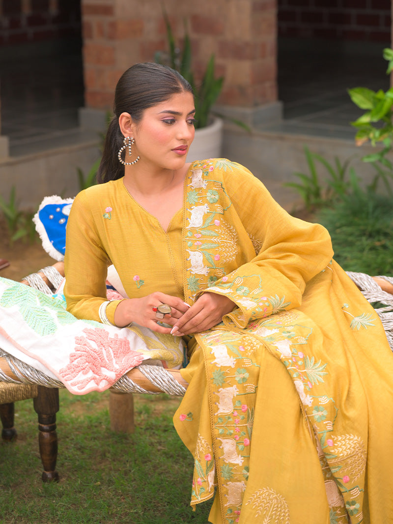 Anaya Pure Mul Chanderi Embroidered Kurta Set with Dupatta - Sunflower Yellow
