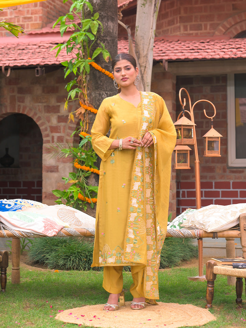 Anaya Pure Mul Chanderi Embroidered Kurta Set with Dupatta - Sunflower Yellow