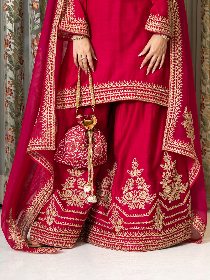 Adhira Mul Chanderi Dori Embroidered Sharara Set – Crimson Red