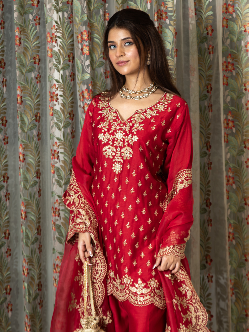 Aarini Mul Chanderi Dori Embroidered Sharara Set – Red
