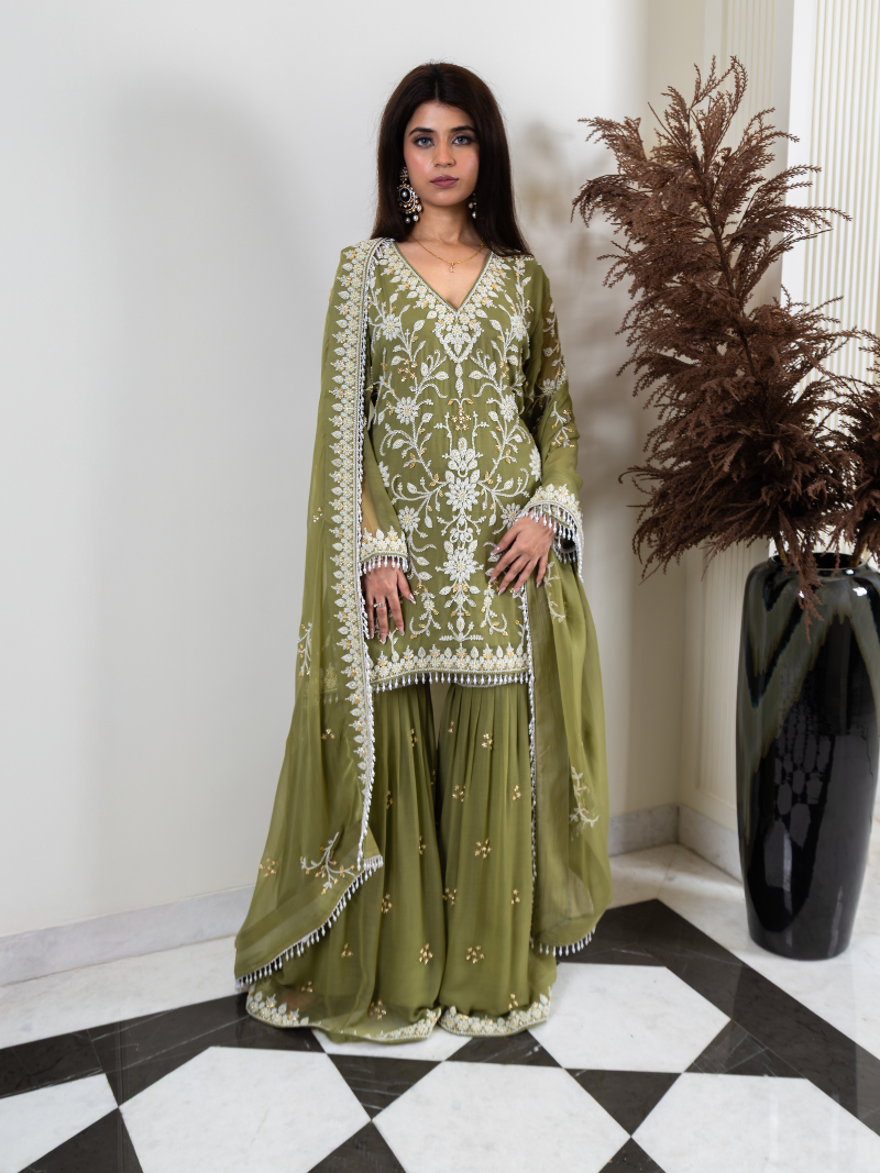 Aleya Pure Georgette Handworked Garara Set – Sage Green