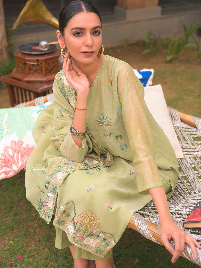 Anaya Pure Mul Chanderi Embroidered Kurta Set with Dupatta - Sage Green
