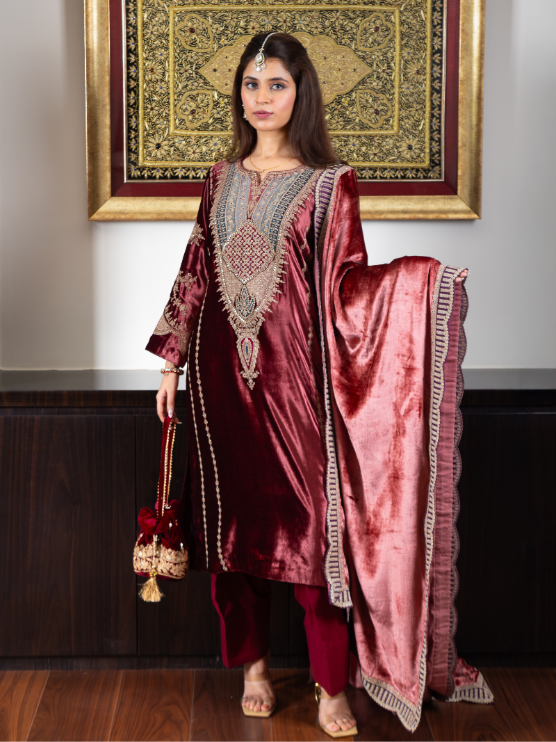 Fiza Velvet Embroidered Suit Set– Wine Red