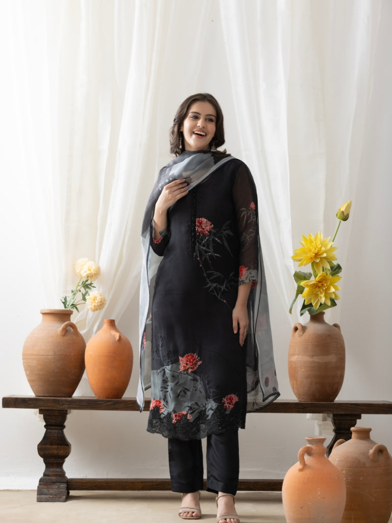 Aira Pure Organza Kurta Set with Pure Organza Dupatta - Midnight Black