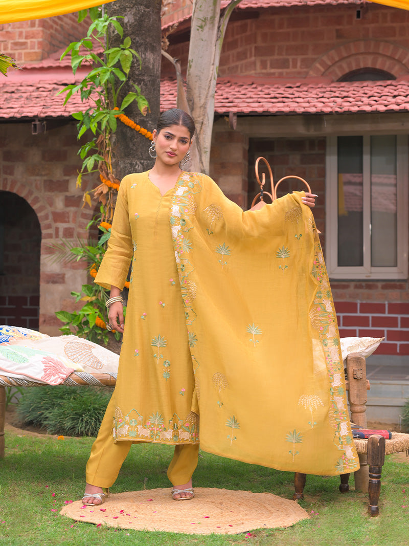 Anaya Pure Mul Chanderi Embroidered Kurta Set with Dupatta - Sunflower Yellow