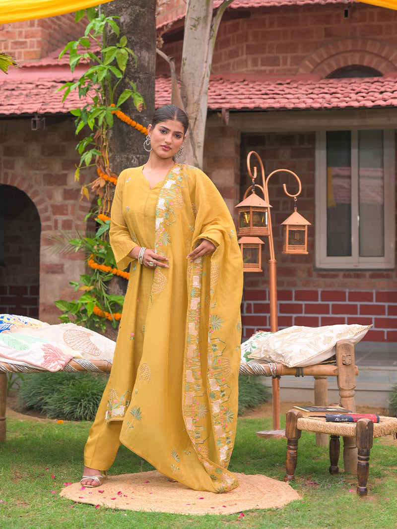 Anaya Pure Mul Chanderi Embroidered Kurta Set with Dupatta - Sunflower Yellow
