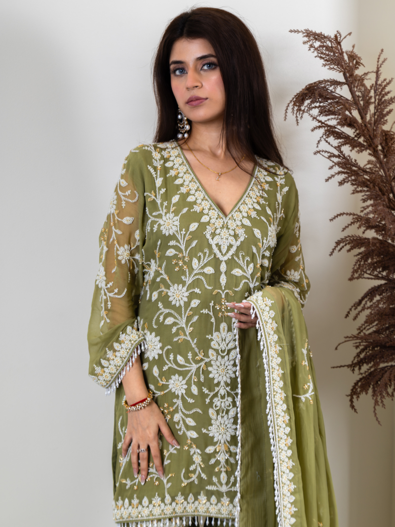 Aleya Pure Georgette Handworked Garara Set – Sage Green