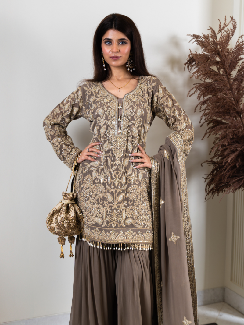 Saher Pure Georgette Handworked Garara Set – Taupe Beige