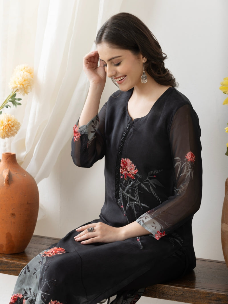 Aira Pure Organza Kurta Set with Pure Organza Dupatta - Midnight Black