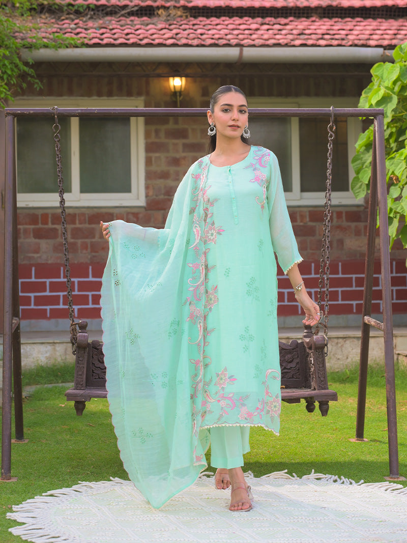 Aarvi Pure Mul Chanderi Embroidered Kurta Set with Dupatta - Aqua Blue