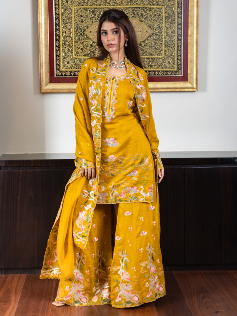 Noor Pure Mul Chanderi Embroidered Sharara Set – Sunflower Yellow