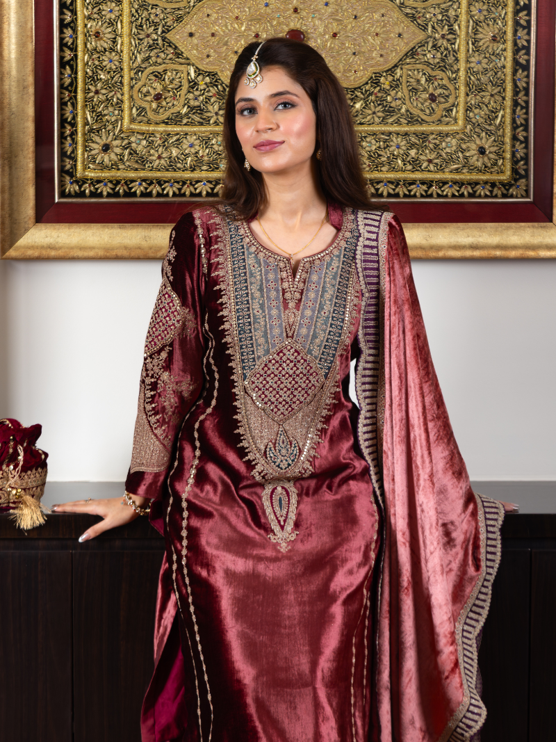 Fiza Velvet Embroidered Suit Set– Wine Red