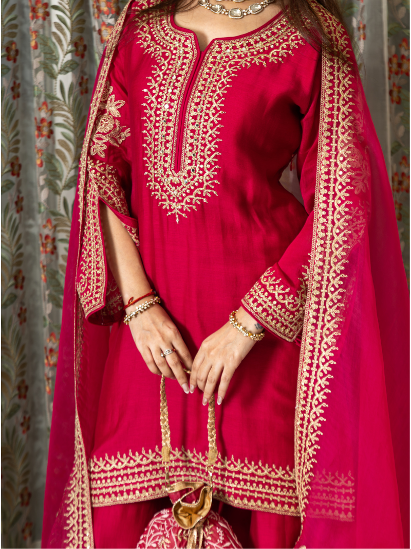 Adhira Mul Chanderi Dori Embroidered Sharara Set – Crimson Red