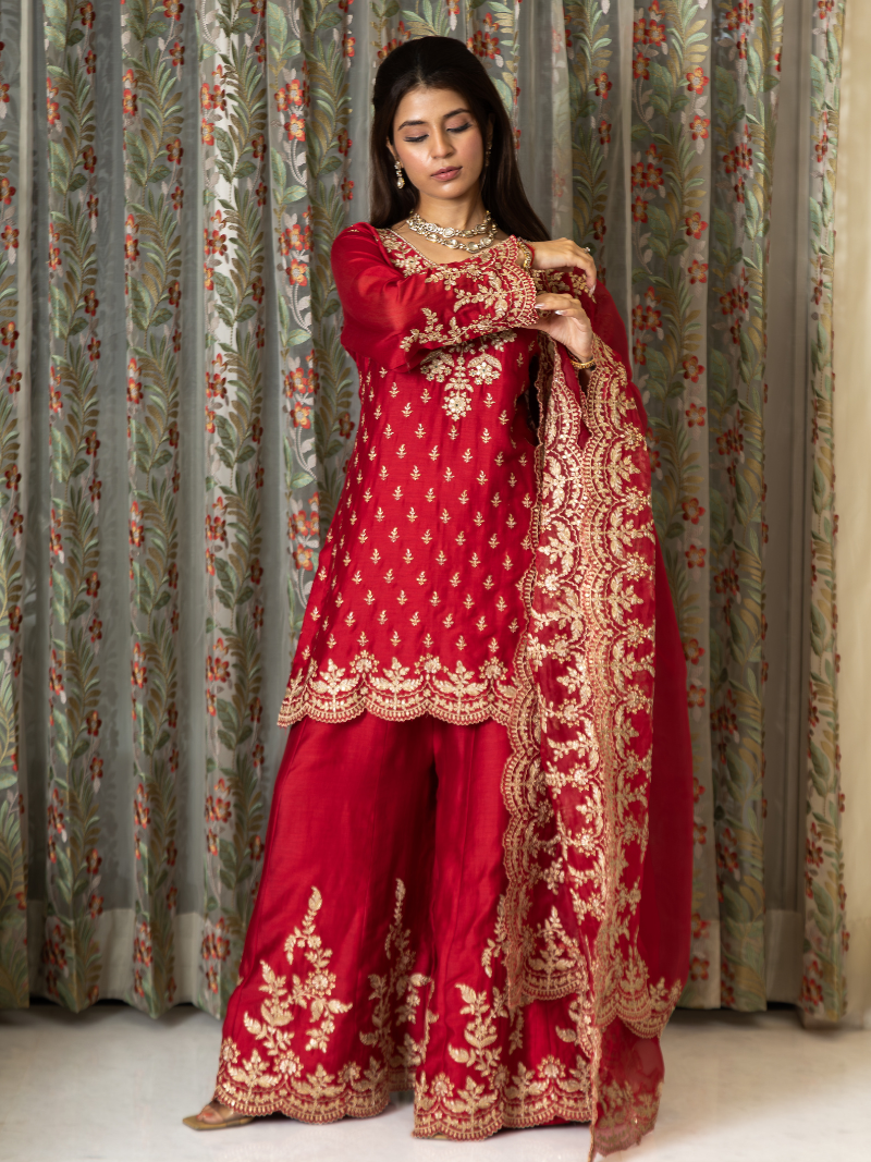 Aarini Mul Chanderi Dori Embroidered Sharara Set – Red