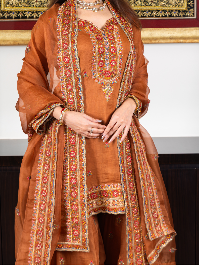 Inara Mul Chanderi Threadwork Garara Set – Terracotta