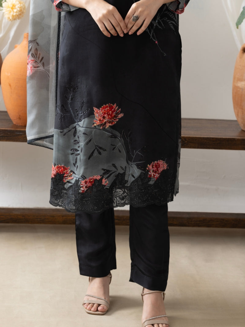 Aira Pure Organza Kurta Set with Pure Organza Dupatta - Midnight Black