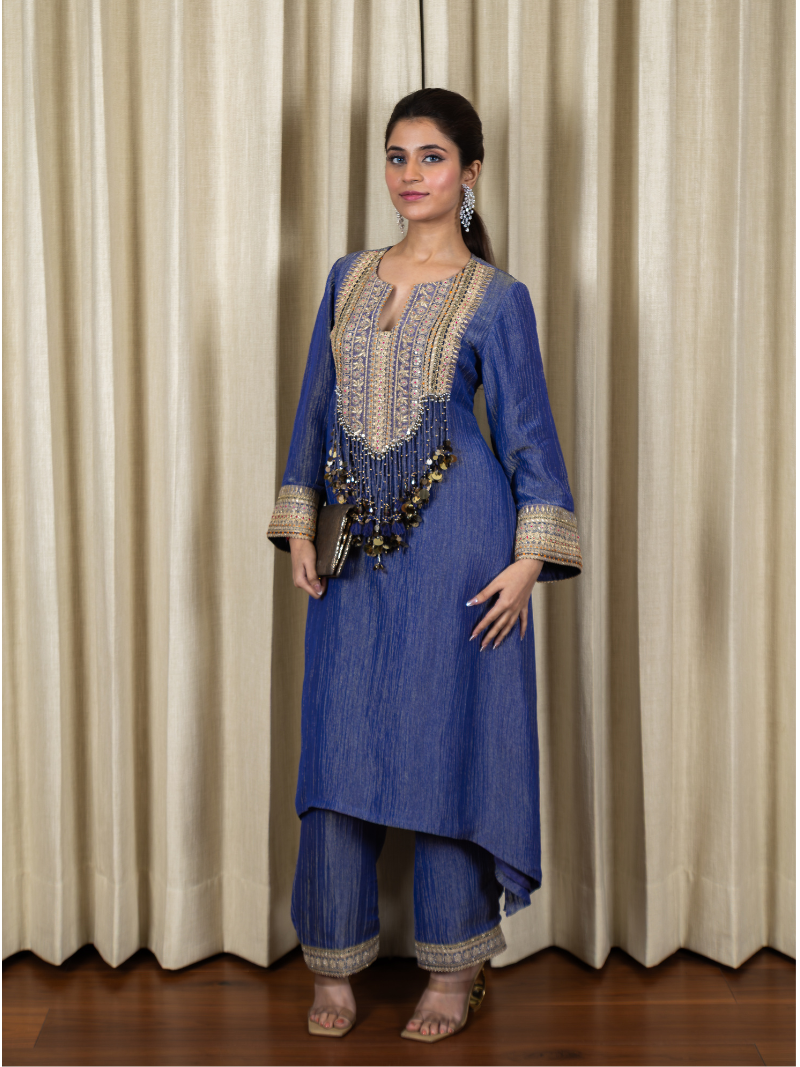 Nayra Royal Tissue Handwork Kurta Set – Sapphire Blue