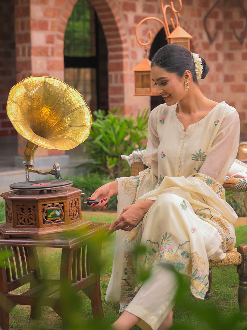 Anaya Pure Mul Chanderi Embroidered Kurta Set with Dupatta - Ivory White