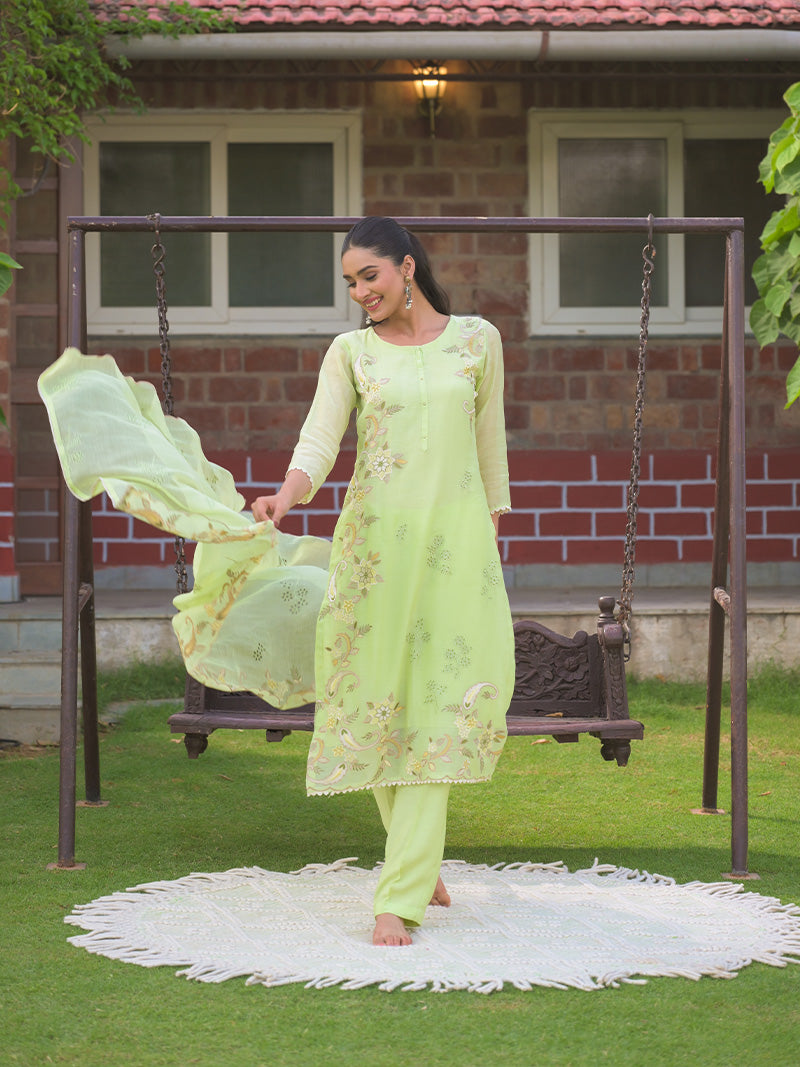 Aarvi Pure Mul Chanderi Embroidered Kurta Set with Dupatta - Sunlit Lime