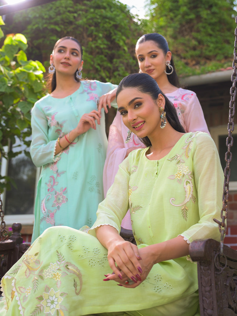 Aarvi Pure Mul Chanderi Embroidered Kurta Set with Dupatta - Aqua Blue