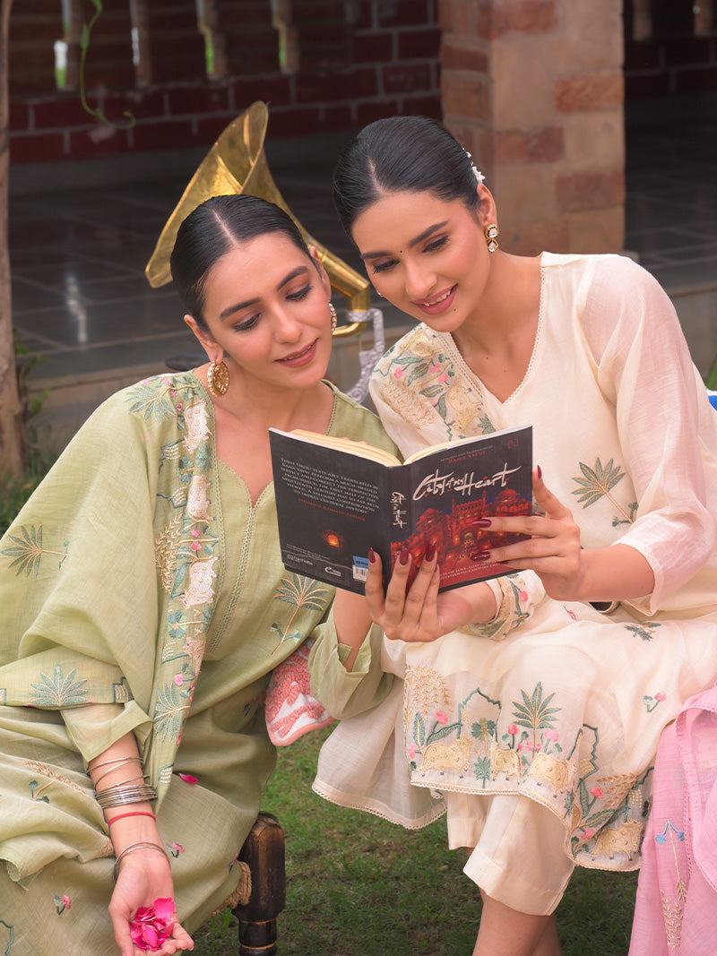 Anaya Pure Mul Chanderi Embroidered Kurta Set with Dupatta - Sage Green