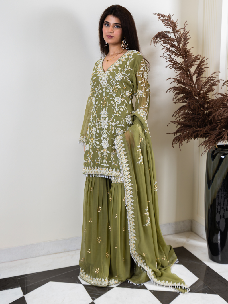 Aleya Pure Georgette Handworked Garara Set – Sage Green