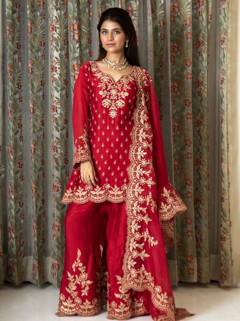 Aarini Mul Chanderi Dori Embroidered Sharara Set – Red